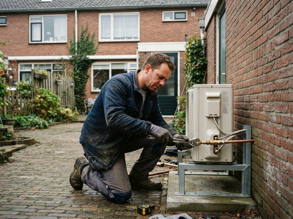 Monteur sluit een warmtepomp aan achter een rijtjeshuis