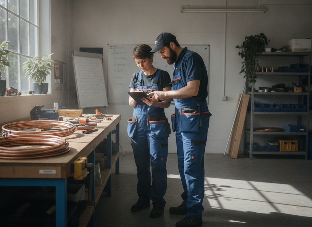 Twee collega's bekijken een planning op een tablet in de werkplaats
